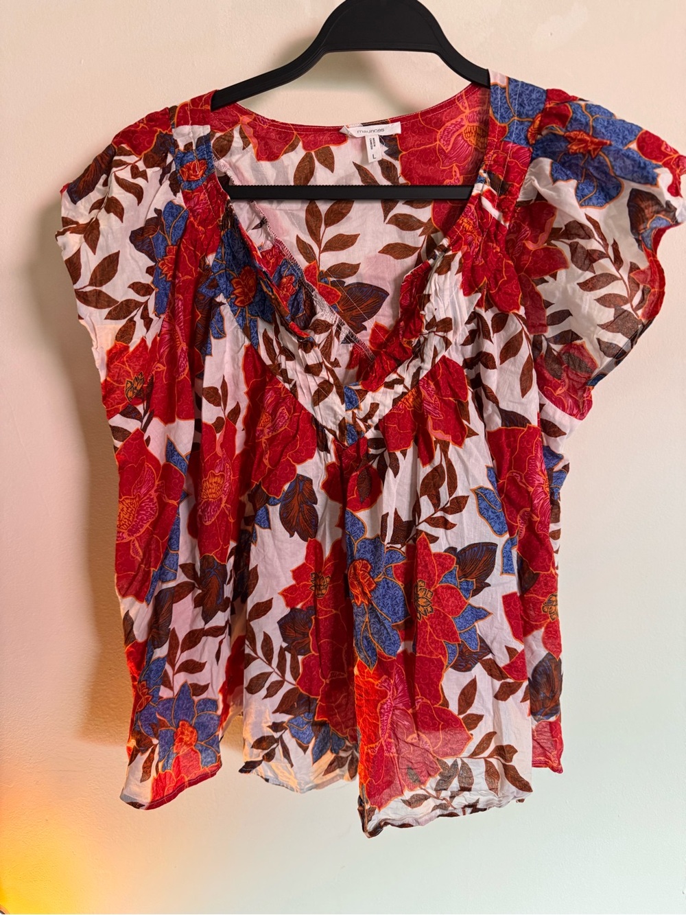 Maurices White Floral V-Neck Blouse with Red & Blue Flowers